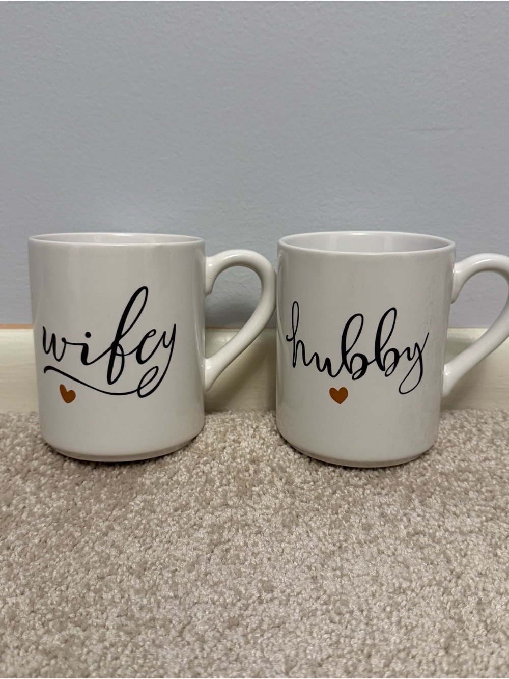 Nicole White 'Wifey' and 'Hubby' Ceramic Mug Set with Gold Hearts